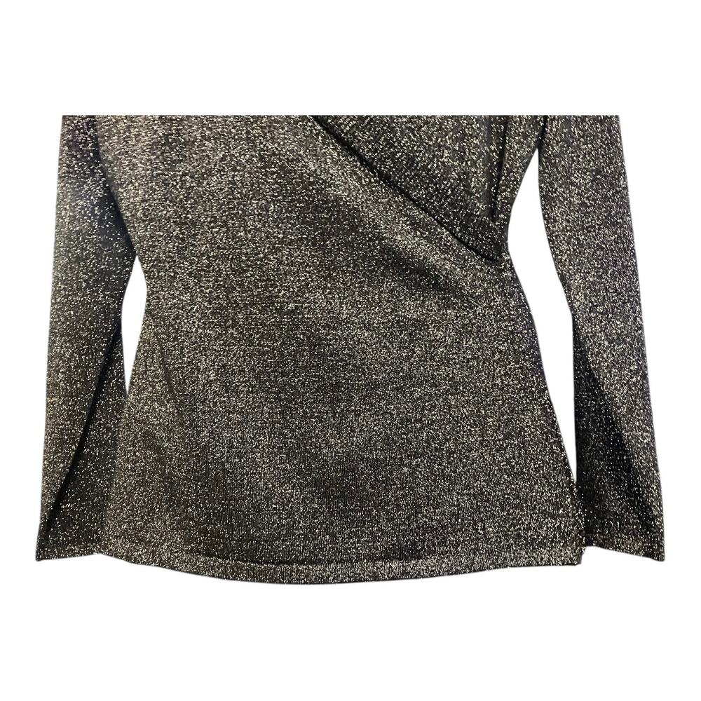 Reba Women's Black/Silver Metallic Faux Wrap Long Sleeve Sweater Dressy SZ M - Picture 4 of 9